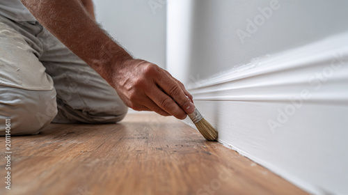 Professional painter painting baseboard with brush, kneeling on hardwood floor Home renovation worker applying white paint to trim in interior room Concept of DIY improvement, maintenance, and repair
