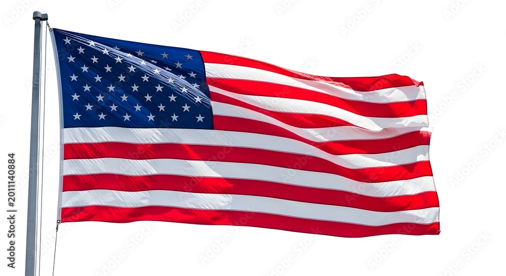 Fototapeta premium American flag waving on a flagpole isolated on white background