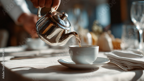 Silver teapot pouring hot tea into white porcelain cup at restaurant table Elegant service of beverage in luxury dining setting Concept of hospitality, relaxation, morning breakfast, and fine dining
