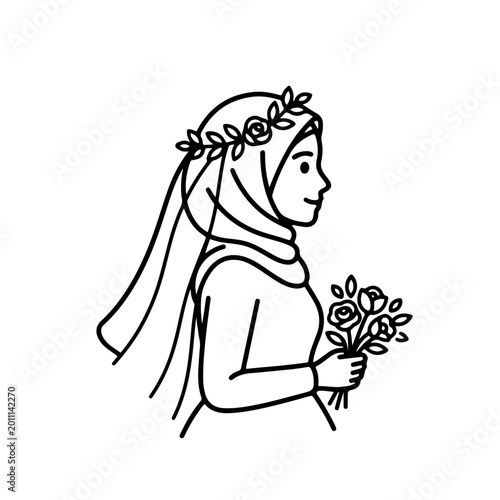 Minimalist Muslim Bride Line Icon, Hijab Woman with Flower Bouquet Wedding Outline Vector