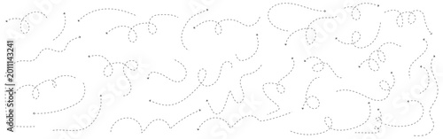 Curved dotted arrow. Zigzag arrow stripes design with dotted lines. Dot line path route. Hand-drawn dash arrow collection.