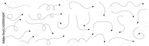 Curved dotted arrow. Zigzag arrow stripes design with dotted lines. Dot line path route. Hand-drawn dash arrow collection.