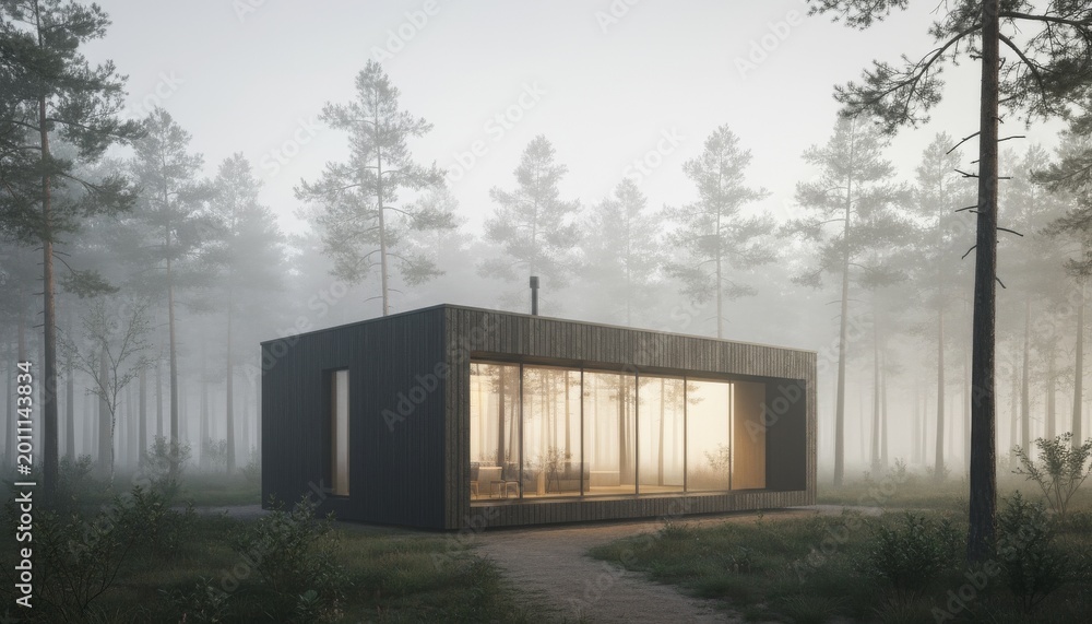Obraz premium Modern eco cabin sits in a misty pine forest landscape