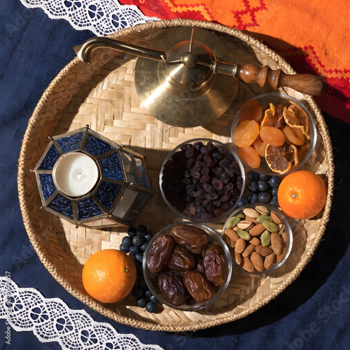 top view on islamic new year decorative objects wi