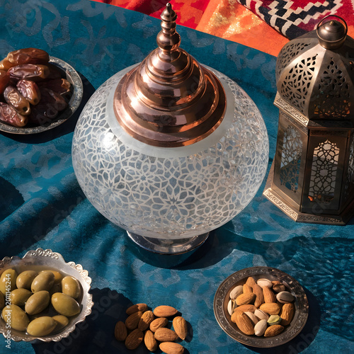 top view on islamic new year decorative objects wi