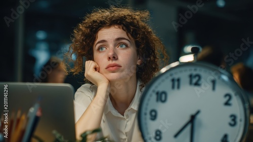 A woman with curly hair looks thoughtfully at a large clock, suggesting contemplation or waiting during work.