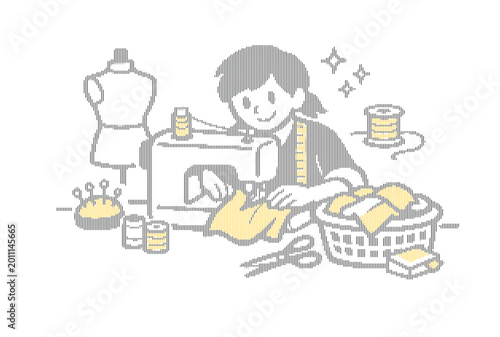 Hand-drawn sewing woman vector illustration, seamstress working with sewing machine and fabric, dressmaker at workshop with tailor tools