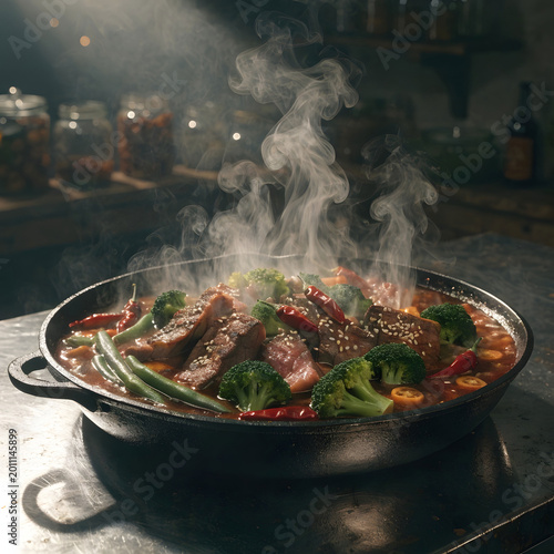 a skillet filled with meat and vegetables fictiona