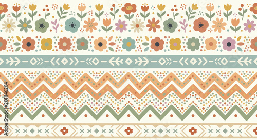 Ethnic folk art floral seamless pattern, bohemian botanical vector illustration with geometric borders and colorful flowers on beige background.eps