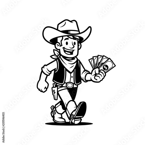 Cartoon Cowboy Walking With Money In Hand.