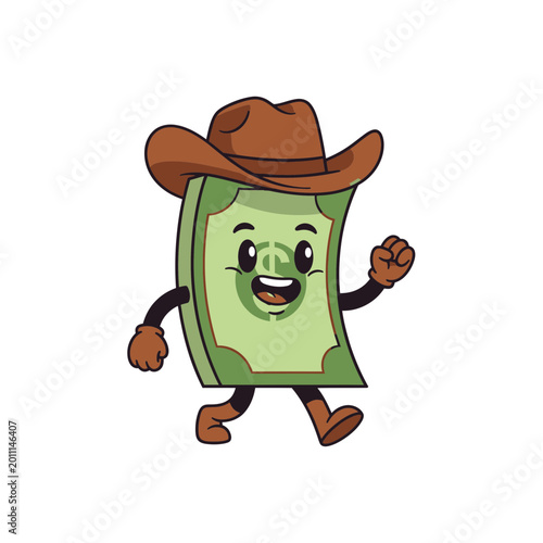 Cartoon dollar bill character wearing a cowboy hat running.
