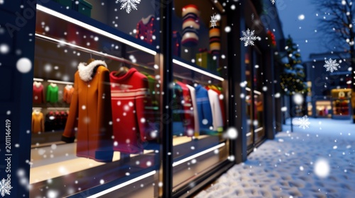 Cozy winter scene with window display of colorful sweaters adorned with snowflakes and festive decorations at night