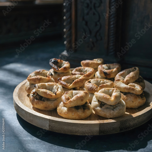 bamboo platter with small kutabs stuffed flatbread
