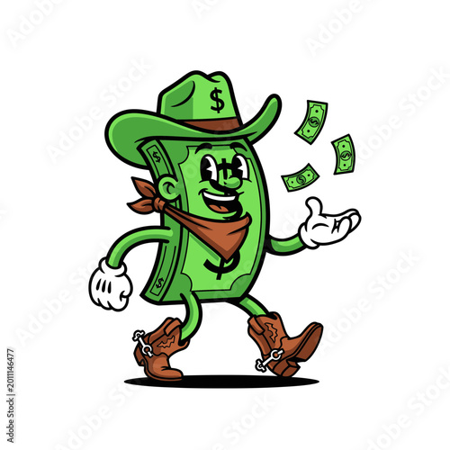 Cartoon Dollar Bill Character Wearing Cowboy Hat and Boots 1.