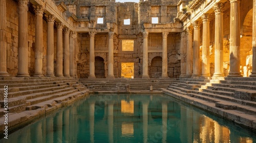 domus. Sunlight streams into an ancient Roman atrium, illuminating a square impluvium pool. real-estate listings, architecture portfolios, designed for interior renovation comparisons for interiors.