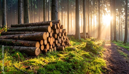 Stacked logs in forest landscape scene.