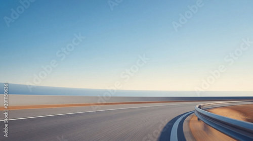 Dynamic low-angle view of an empty highway curve with motion blur, symbolizing speed, journey, and progress.