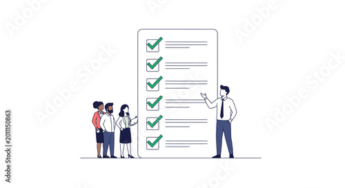 A man in a suit presents a large checklist with green checkmarks to a diverse group of people, illustrating task completion or successful project management.