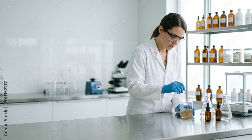 Fototapeta premium Scientist in lab coat and goggles conducting experiment with liquids in beakers surrounded by laboratory equipment