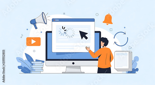 Person interacting with computer displaying loading animation surrounded by tech icons