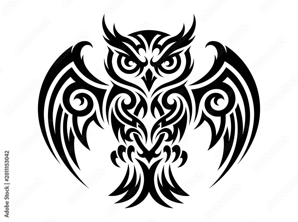 Fototapeta premium owl tribal artwork in solid black, perfect for tattoo sheets, apparel, stickers, and web graphics.