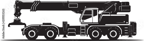 Truck mounted crane, heavy duty, industrial vehicle, construction equipment, black and white