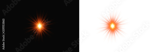 Radiant starburst light effect intense orange glow for visual design. vector illustration on transparent background.