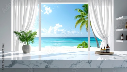 Sunlight filters through an open window frame of a modern white building featuring a view of a luxury hotel swimming pool with palm trees overlooking the blue summer sea landscape