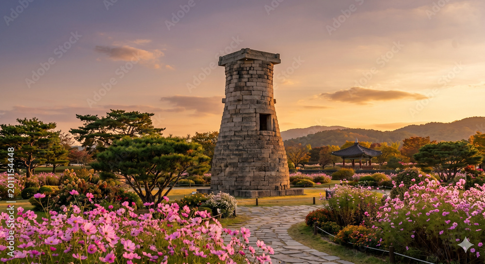 Obraz premium Ancient Cheomseongdae Observatory at Golden Hour Sunset in Gyeongju, South Korea, with Blooming Pink Cosmos Flowers in Foreground - Generative AI 