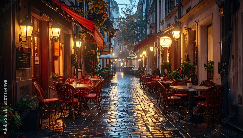 Obraz premium quiet european street with restaurant tables.
