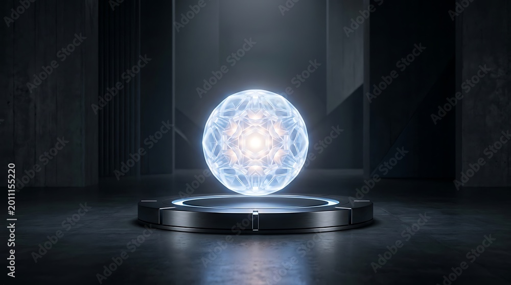 Fototapeta premium Glowing energy sphere floating above a dark metallic pedestal in a mysterious room