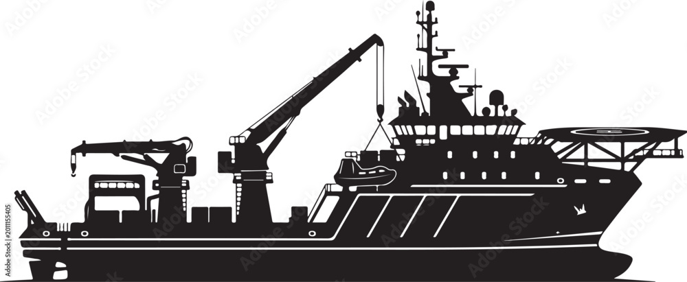 Obraz premium Industrial cargo ship, vessel, boat, silhouette, black illustration, transportation, maritime, cargo vessel