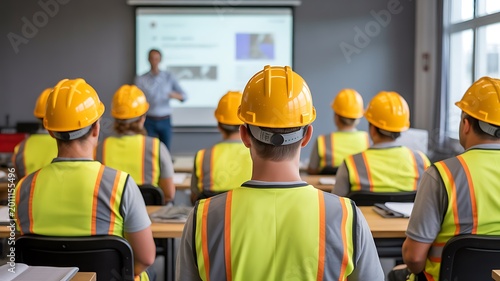 Construction workers attending safety training seminar with instructor presentation in classroom