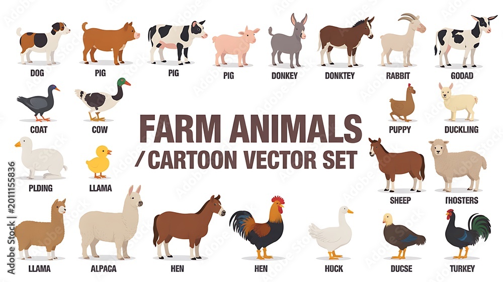 Fototapeta premium Farm animals cartoon vector set with various domestic livestock illustrations
