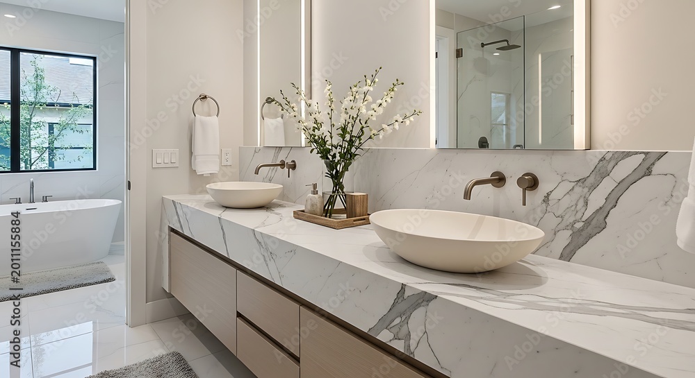 Fototapeta premium A bright and modern minimalist bathroom interior featuring double vessel sinks and a large mirror