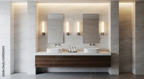 A contemporary double vanity bathroom featuring modern dark cabinetry and sleek minimalist mirrors.