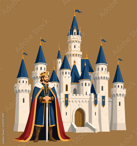 Фотография 083-21-King standing with crown and sword against a large fantasy medieval castl