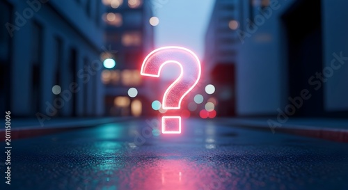 Neon Question Mark Glowing on Wet Street at Night with City Buildings