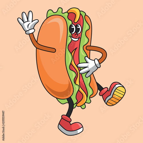 Cute Hot dog retro cartoon character