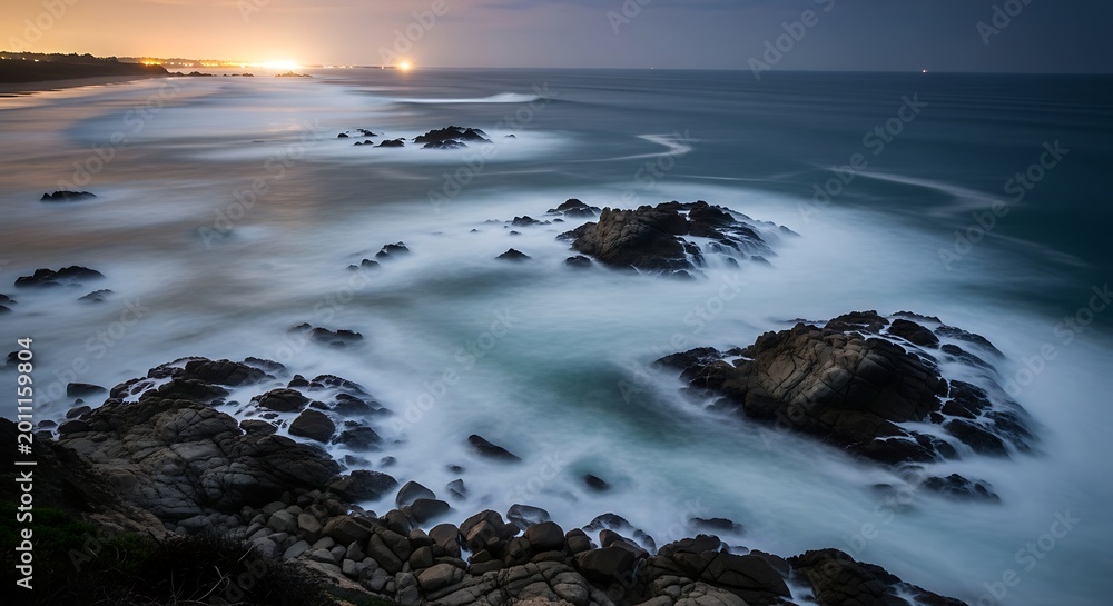 Fototapeta premium serene ocean waves crashing on rocky shoreline at sunset
