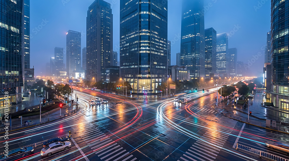 Fototapeta premium City skyline at night with rain-slicked streets and illuminated buildings.