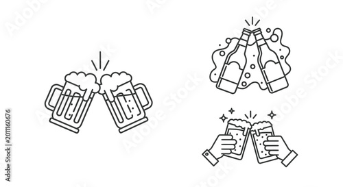cheers line art icons with beer mugs and bottles