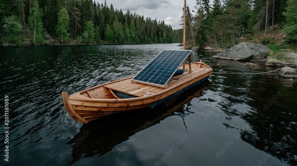 Obraz premium Boat with solar panels floats on a serene lake surrounded by a dense green forest.