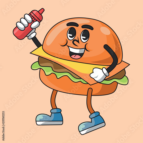 Cute Burger retro cartoon character