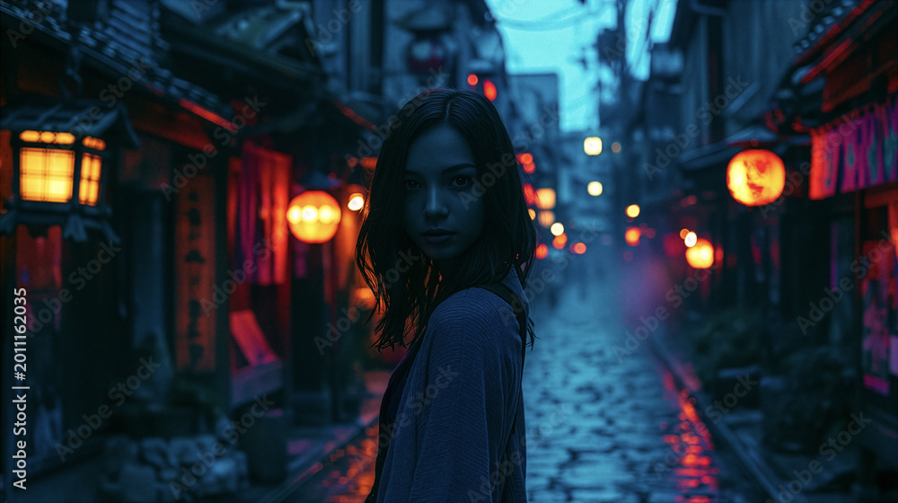Obraz premium 夜の路地裏で輝くネオン光に包まれた女性