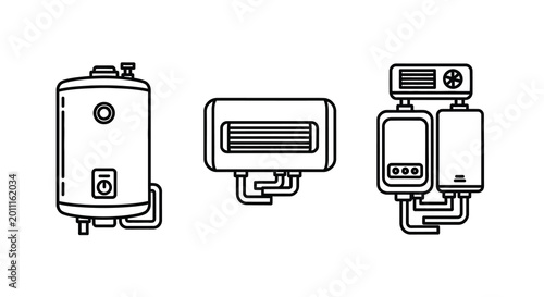 water heater line icons set gas boiler and electric tank illustration