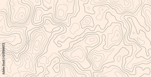 Vector illustration. Abstract light topographic map background with contour lines. Retro style line patterns, navigation pin markers, and dashed trail routes on a textured beige paper background