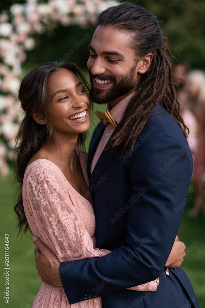 Fototapeta premium Couple smiling and hugging in garden wedding setting