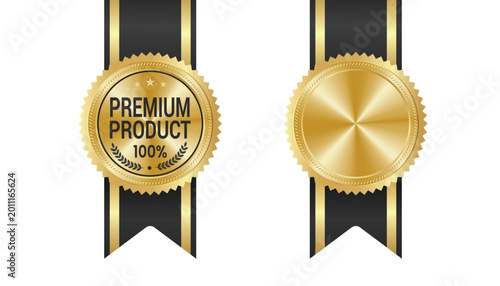 Premium quality gold badge label seal ribbon award set vector illustration for best business product guarantee