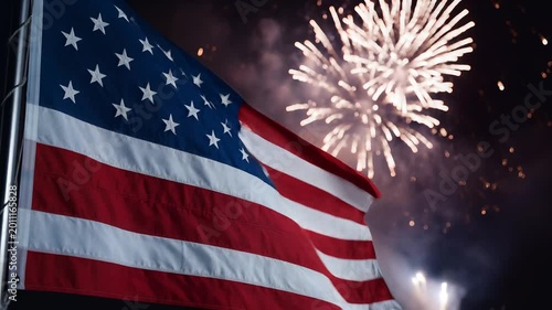 Dynamic American Flag Waving in Front of Celebratory Fireworks Display at Night, Symbolizing Patriotism, Independence Day, and National Pride for Patriotic Celebrations